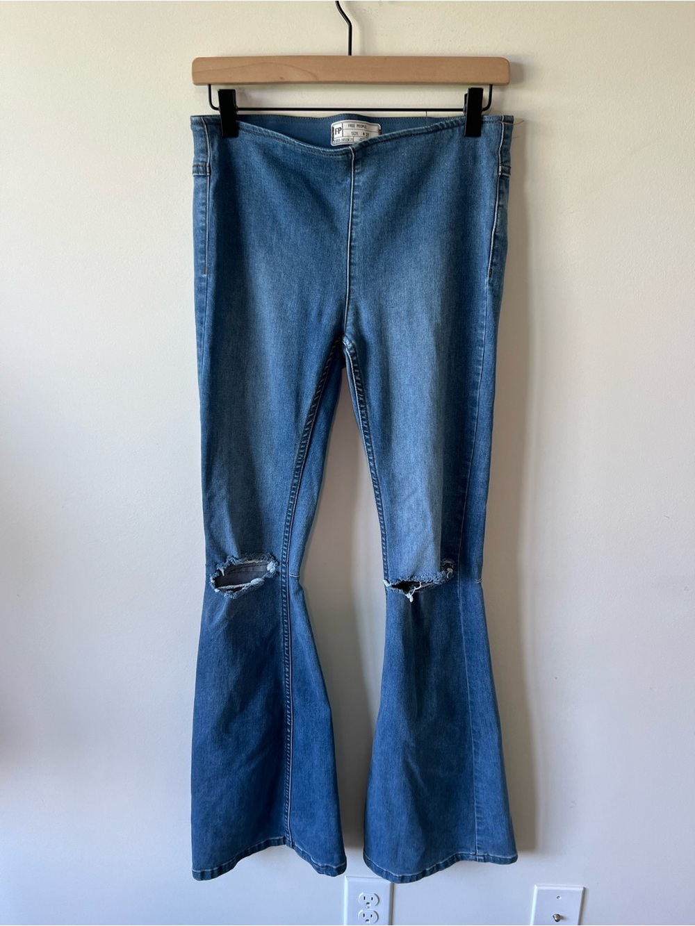 Free People Medium Blue Distressed The Bangle Bell Bottom Jeans